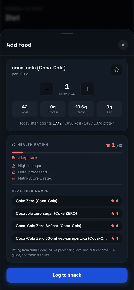 Barcode scan result: instant macros, a 1–10 health rating and healthier swaps