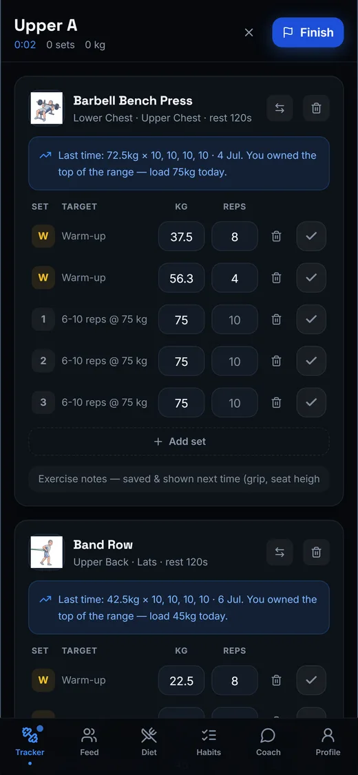 Live workout screen with exercise demos, targets and progression tips